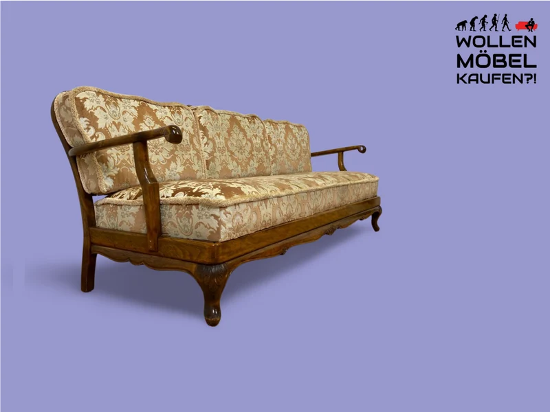 WMK Wunderschönes und gut erhaltenes 60er Jahre Chippendale Sofa mit feinem Brokat Bezug und Wiener Geflecht an der Rückseite