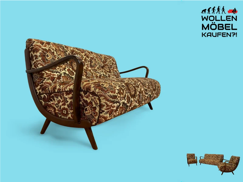 WMK Besonders schönes und sehr gut erhaltenes 1930er Jahre Art Deco Sofa , freistellend, mit floralem Originalbezug & bequemen Federkernsitz