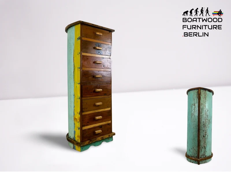 Boatwood by WMK # Besonderes Highboard aus altem Einbaum Boot mit 8 Schubladen , ein handgefertigtes Unikat aus massivem Teakholz