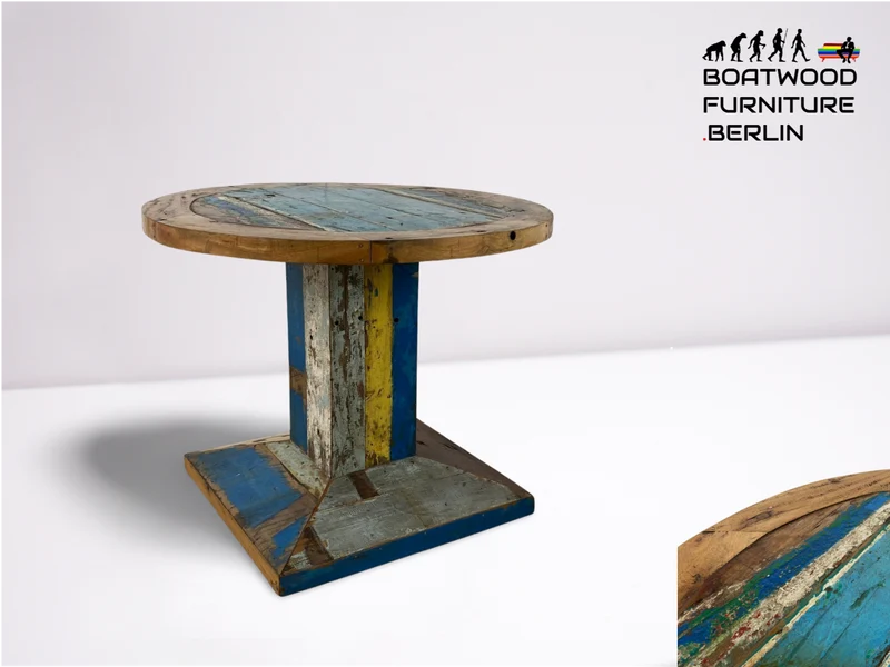 Boatwood by WMK # Formschöner und sehr robuster runder Esstisch aus altem Bootsholz, ein handgefertigtes Unikat aus massivem Teakholz