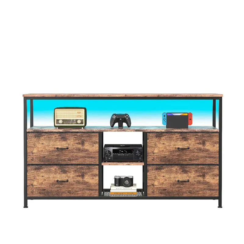 Yelenaro TV-Schrank 137 cm mit LED – Hoher TV-Schrank mit 4 Stoffschubladen