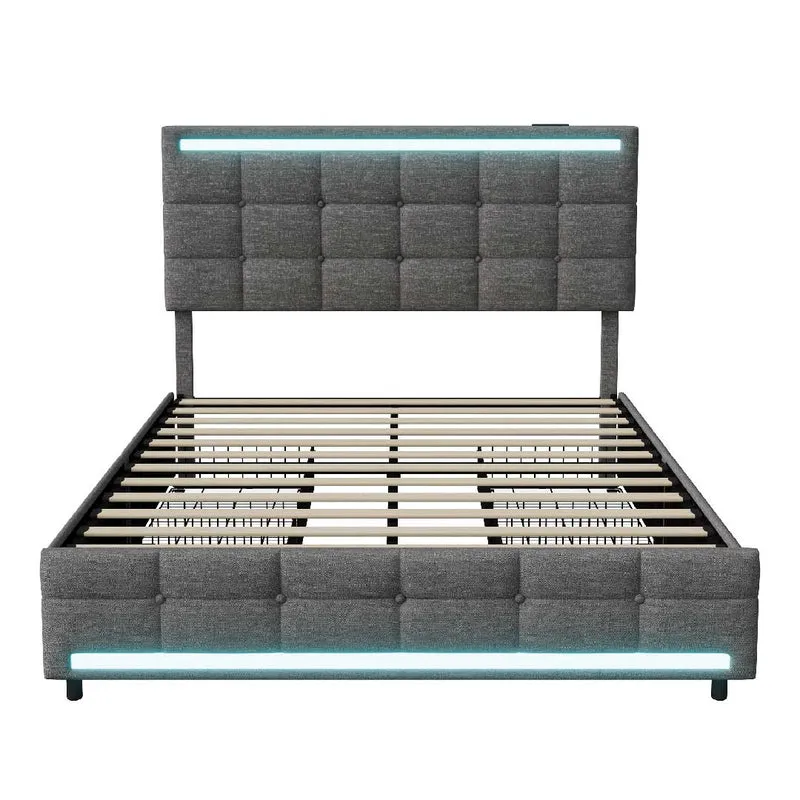 Yelenaro Leinen-Polsterbett LED, USB & 4 Schubladen