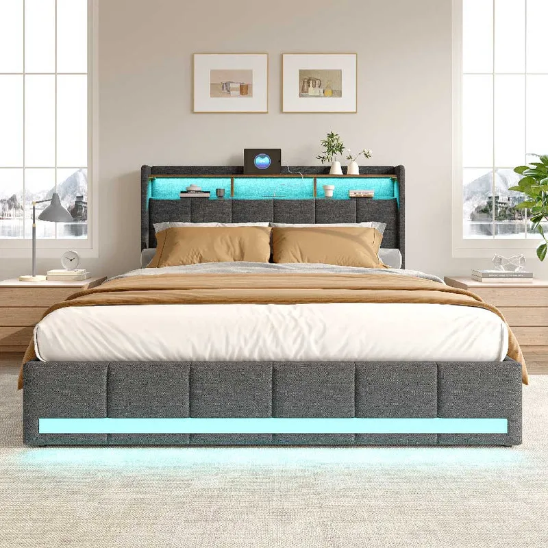 Yelenaro Leinenbett 140/160×200 cm mit LED, USB & 4 Schubladen