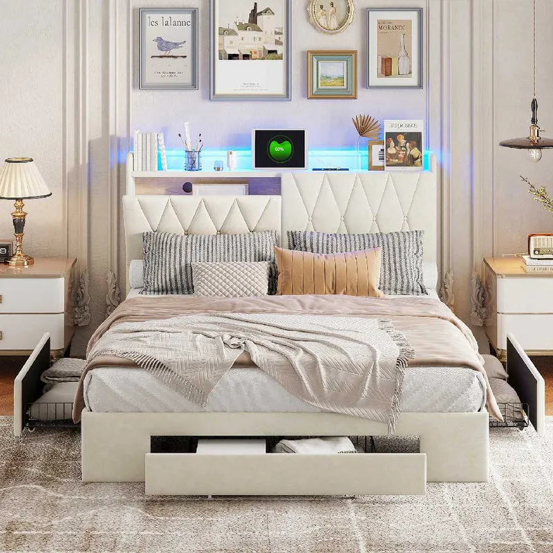 Yelenaro Samtbett mit LED, USB & 3 Schubladen – 140/160×200 cm