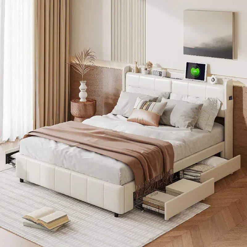 Yelenaro Polsterbett 140/160×200 cm mit LED, USB & 4 Schubladen