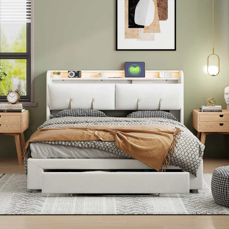 Yelenaro Polsterbett 140/160x200 cm mit Mehrfach-Stauraum, LED & USB – Samt Beige