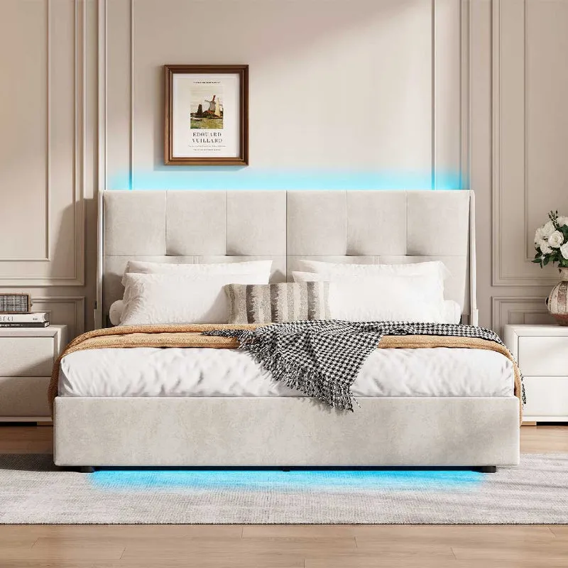 Yelenaro Polsterbett 140/160x200cm mit LED & Stauraum – Samt Beige