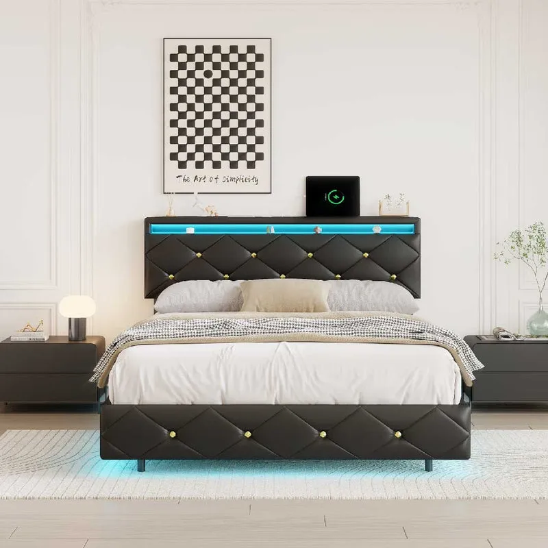 Yelenaro LED Doppelbett mit USB & Verstellbarem Kopfteil – Schwarz PU