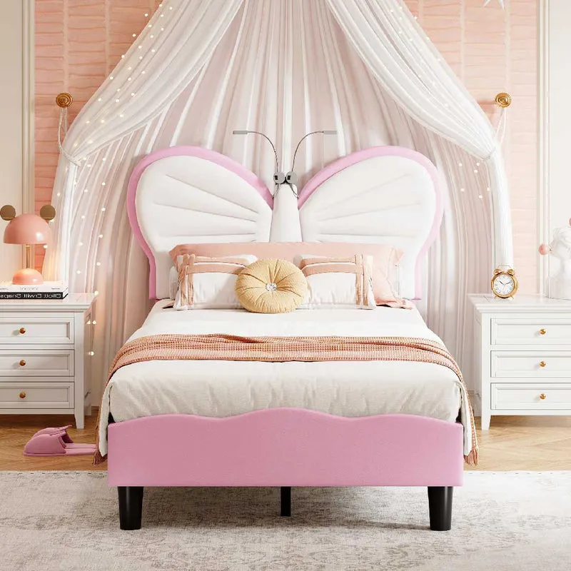 Yelenaro Kinderbett 90x200 cm – Schmetterling Polsterbett Rosa mit LED-Leselicht & höhenverstellbarem Kopfteil