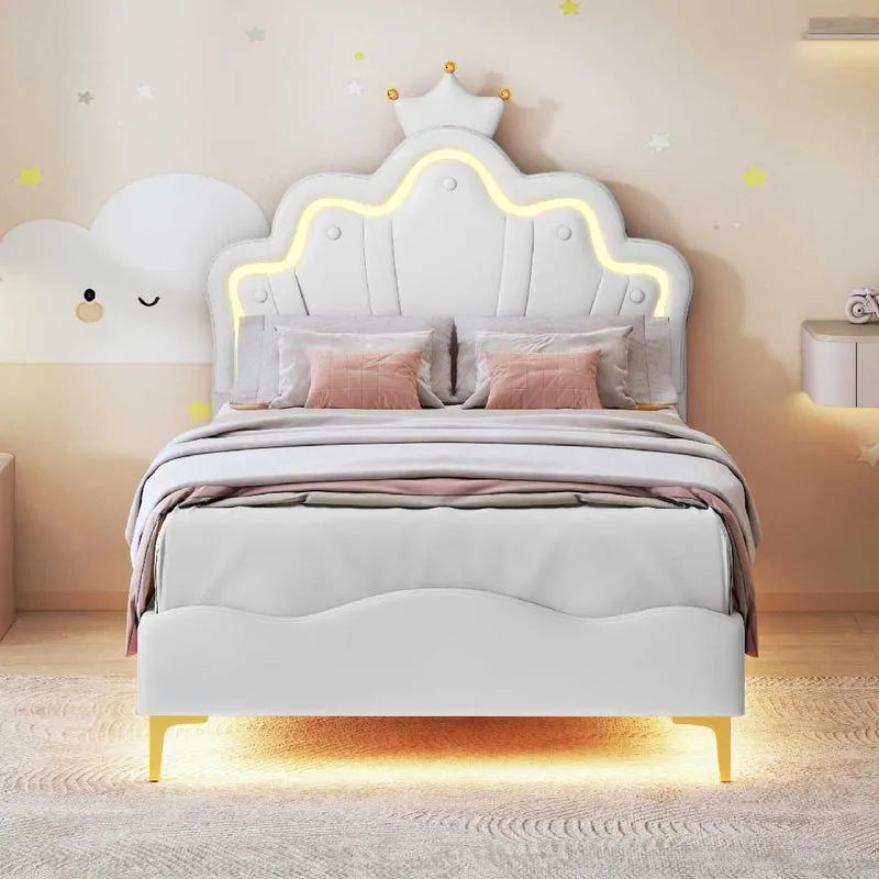Yelenaro Kinderbett 90x200 mit LED-Krone – Weißes Polsterbett für Mädchen