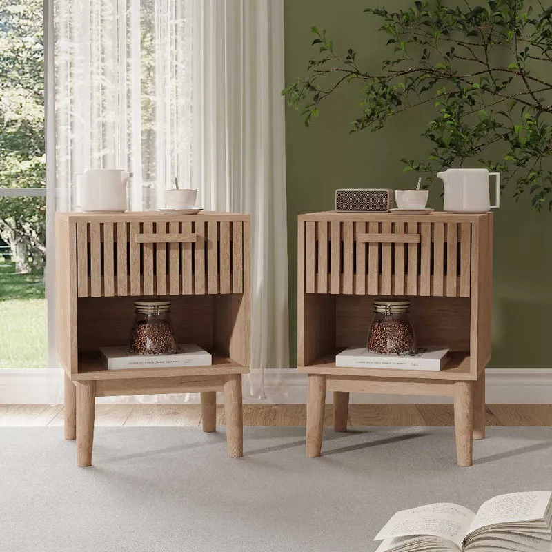 YELENARO Nachttisch 2er Set aus Naturholz – mit Schublade & offenem Fach