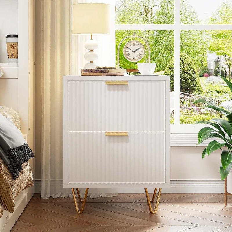 YELENARO Nachttisch 2er Set für Boxspringbett – Weiß & Gold, 2 Schubladen