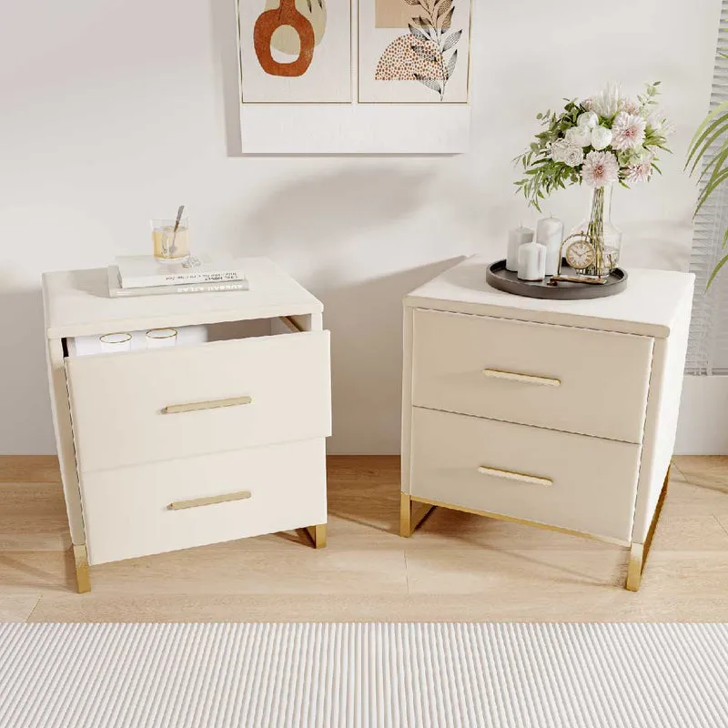 YELENARO Nachttisch 2er Set aus Samt – Beige mit Goldakzenten & 2 Schubladen