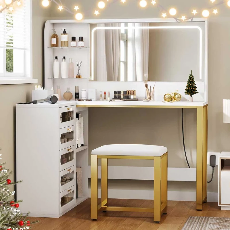 Yelenaro L-Schminktisch mit LED-Spiegel & Hocker – Eckdesign mit Stauraum