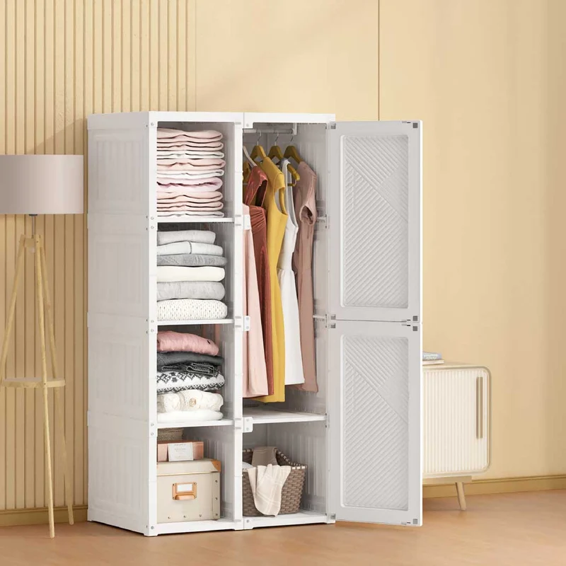 Yelenaro Faltbarer Kleiderschrank Weiß 136 cm – 6 Türen, Kleiderstange, ohne Montage