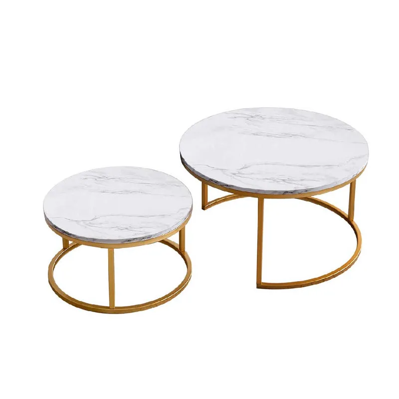 Yelenaro Couchtisch 2er Set rund weiß – Marmoroptik mit Goldrahmen