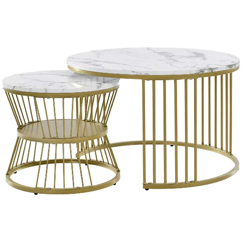 Yelenaro Couchtisch 2er Set rund – Marmoroptik mit Goldrahmen