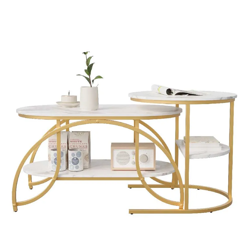 Yelenaro Couchtisch 2er Set Oval in Marmoroptik – mit Ablage, Weiß mit Metallgestell