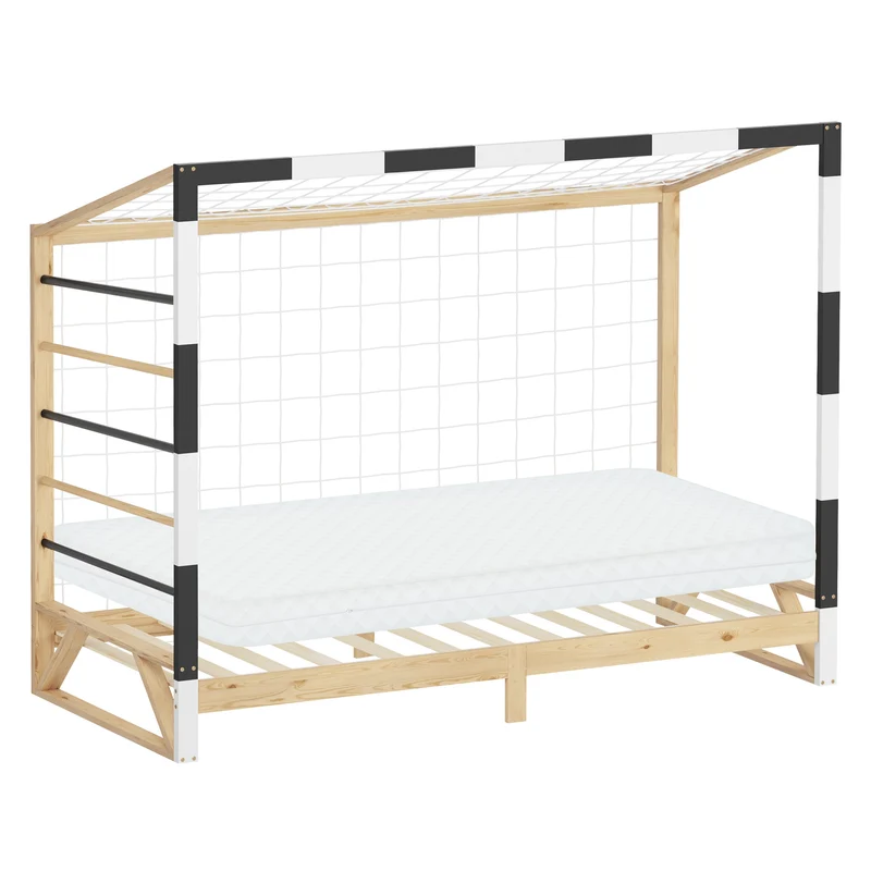 ML-Design | Kinderbett Fußballtor mit Matratze H:10cm, 90x200 cm aus massivem Kiefernholz Holzbett mit Lattenrost & Tornetz Handballtor
