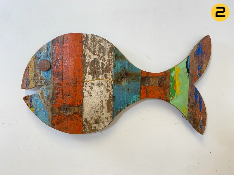 Boatwood by WMK # 1/4 Großer nachhaltiger Südseefisch (ca. 105x53cm) aus altem Bootsholz, ein handgefertigtes Unikat aus massivem Teakholz