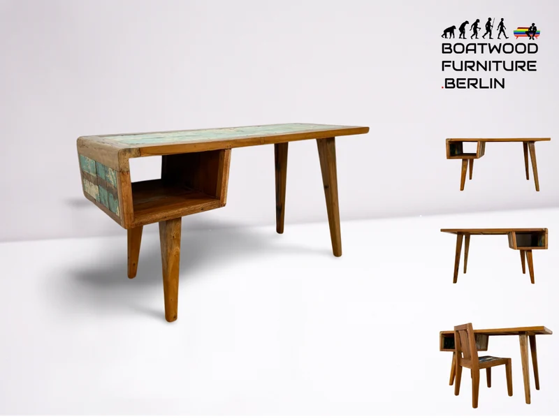 Boatwood by WMK # Formschöner und beidseitig verwendbarer Schreibtisch aus altem Bootsholz, ein handgefertigtes Unikat aus massivem Teakholz