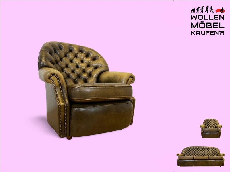 WMK Formschöner & hochwertiger original englischer Chesterfield Sessel Pegasus mit dickem & weichem gestepptem Echtleder Bezug mit Alterspatina