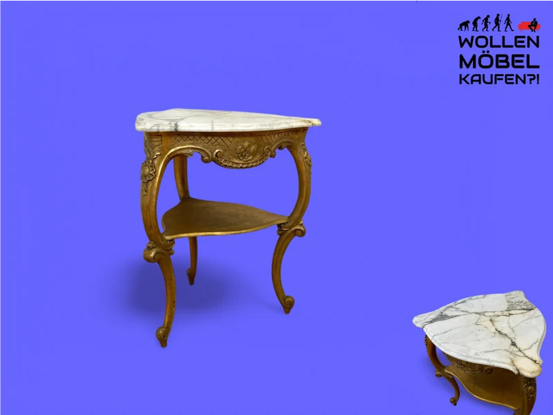 WMK Eleganter antiker Bestelltisch in seltener Dreieckform mit Marmor Auflage und goldfarbenem Tischgestell aus Holz