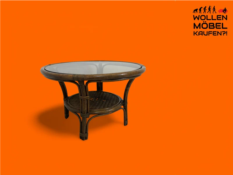 WMK Kultiger runder italienischer Mid-Century Couchtisch in gutem Zustand mit Bambusgestell , intakter Glasplatte & Ablage