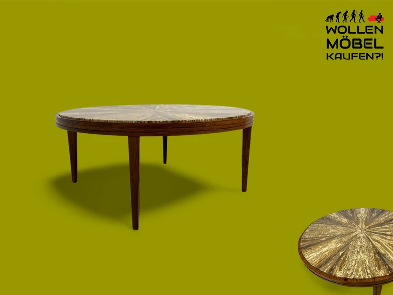 WMK Sehr gut erhaltener runder Mid-Century Designercouchtisch in skandinavischem Design von Berthold Müller mit schöner Natursteinplatte & Holzgstell aus Palisander