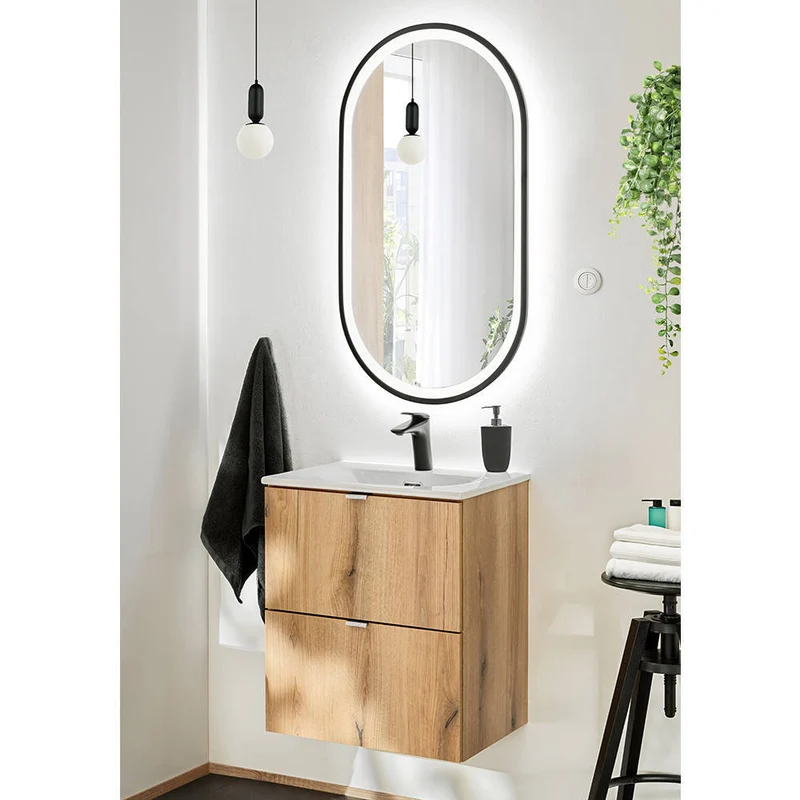 Waschtisch Skelbolu 50x57x39 cm LED-Spiegel Eicheoptik [en.casa]