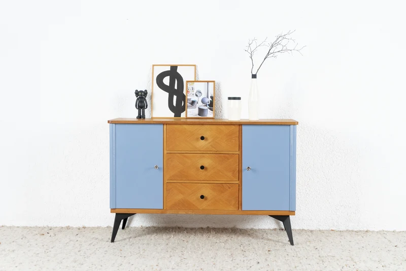Vintage Kommode Sideboard Schubladenkommode Mid Century Holz Blau 60s