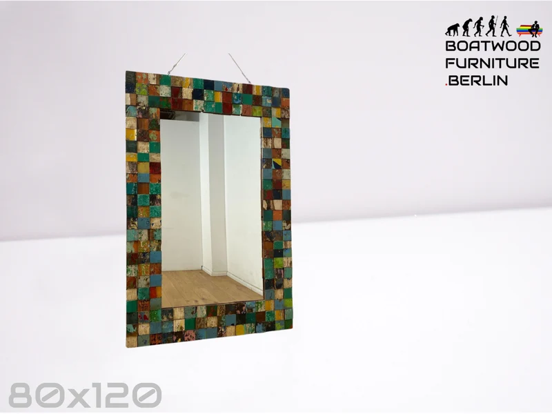 Boatwood by WMK # Bunterschöner 80x120 Wandspiegel , ein handgefertigtes Unikat aus altem Bootsholz in Originalfarben
