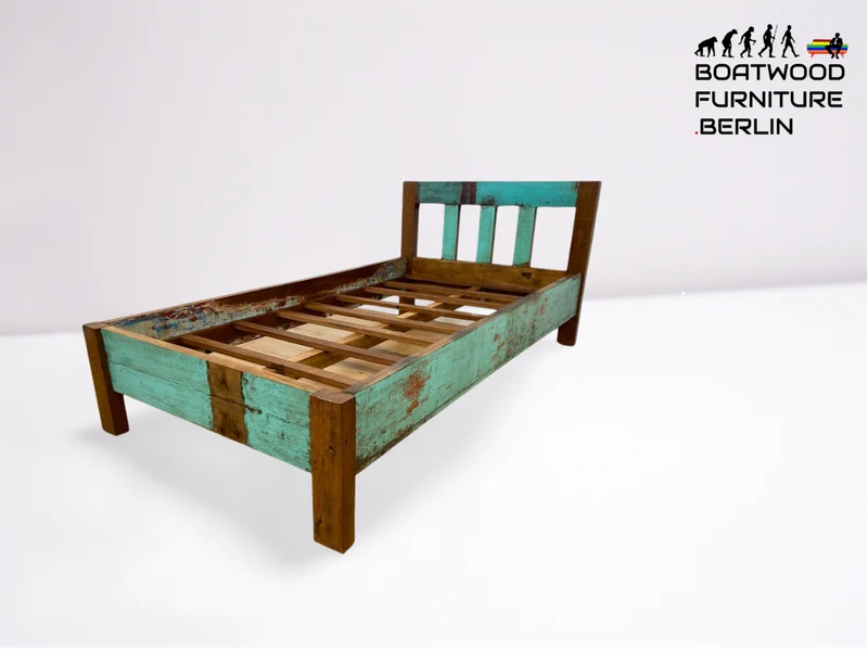 Boatwood by WMK # Schönes & nachhaltiges Einzelbett für Matratzen 100x200 aus altem Bootsholz, ein handgefertigtes Unikat aus massivem Teakholz
