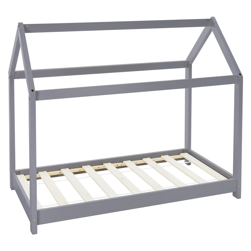 Kinderbett Hausbett 70x140 cm Hellgrau aus Kiefernholz Holzbett mit Dach und Lattenrost ML-Design