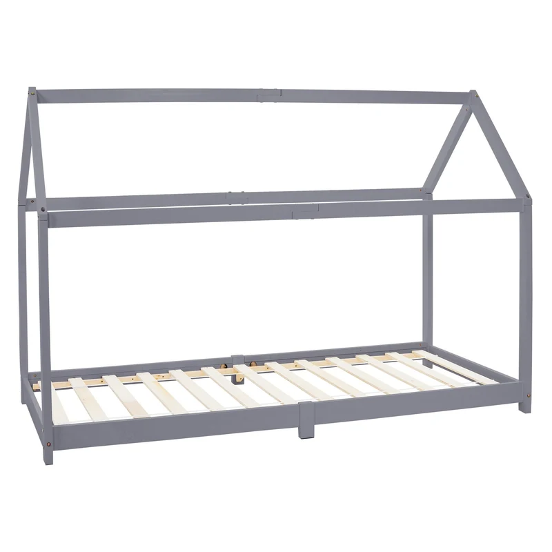 Kinderbett Hausbett 90x200 cm Hellgrau aus Kiefernholz Holzbett mit Dach und Lattenrost ML-Design