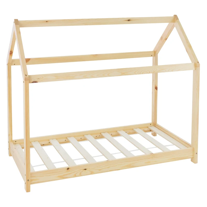 Kinderbett Hausbett 70x140 cm aus Kiefernholz Holzbett mit Dach und Lattenrost ML-Design