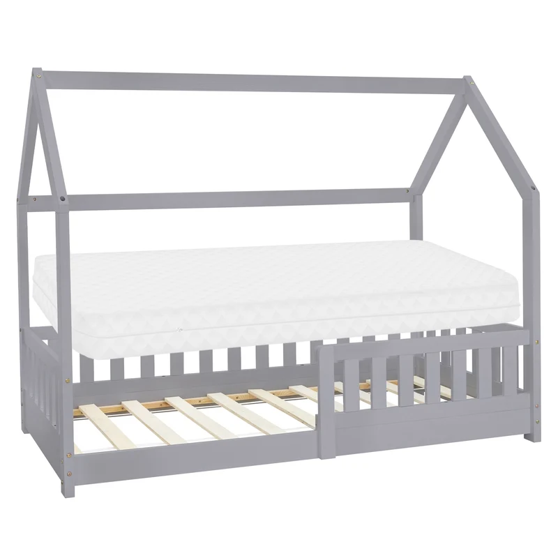 Kinderbett Hausbett 80x160 cm Hellgrau aus Kiefernholz inkl. Matratze H-10cm Rausfallschutz Dach und Lattenrost ML-Design