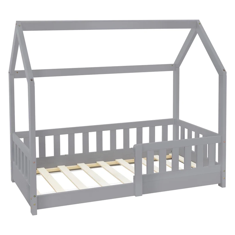 Kinderbett Hausbett 70x140 cm Hellgrau aus Kiefernholz mit Rausfallschutz Dach und Lattenrost Holzbett ML-Design