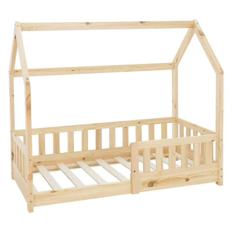 Kinderbett Hausbett 140x70 cm aus Kiefernholz mit Rausfallschutz Dach und Lattenrost Holzbett ML-Design