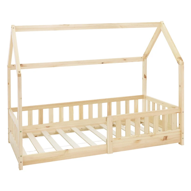 Kinderbett Hausbett 80x160 cm aus Kiefernholz mit Rausfallschutz Dach und Lattenrost Holzbett ML-Design