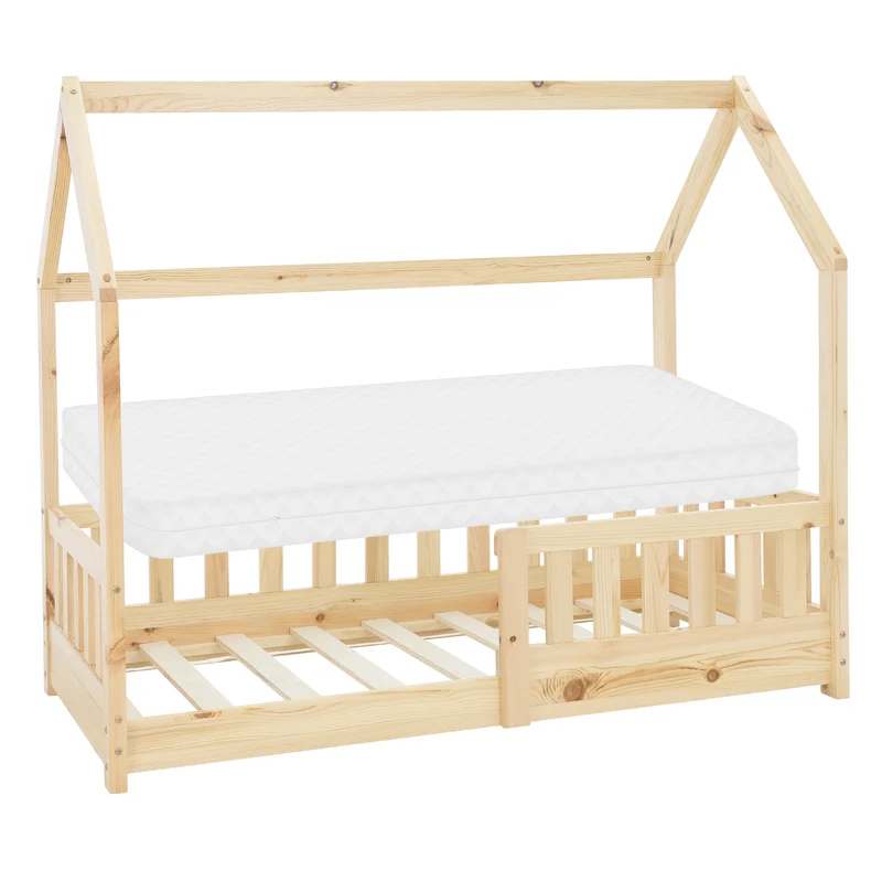 Kinderbett Hausbett 70x140 cm aus Kiefernholz inkl. Matratze H-10cm Rausfallschutz Dach und Lattenrost ML-Design