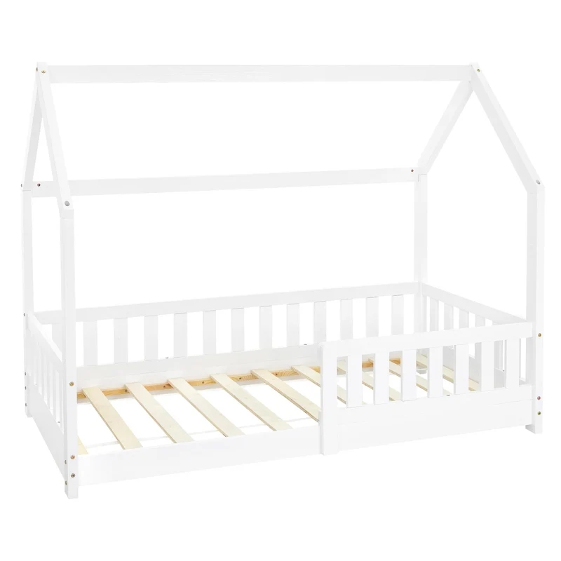 Kinderbett Hausbett 80x160 cm Weiß aus Kiefernholz mit Rausfallschutz Dach und Lattenrost Holzbett ML-Design