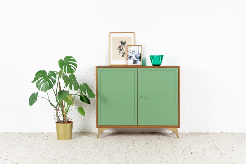 Vintage Kommode Sideboard Schrank Holz Nuss Mid Century Grün