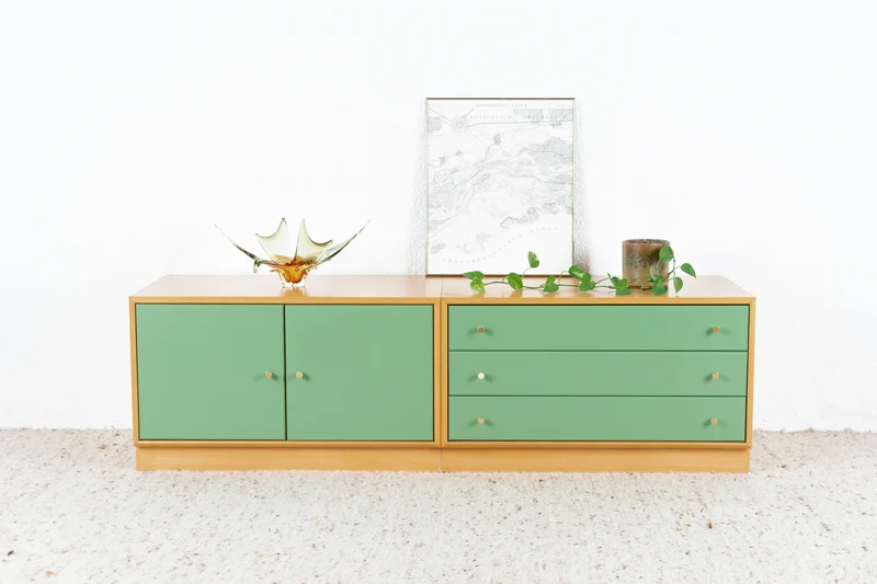 Vintage Sideboard Lowboard Schubladen Kommode Holz Kirsch Omnia Grün