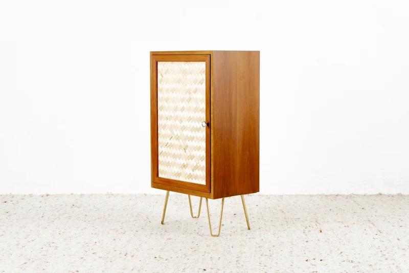 Vintage Kommode Schrank Ablage Nachttisch Nuss Holz Geflecht