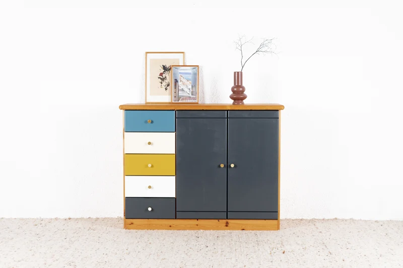 Vintage Sideboard Kommode Schubladen Blau Bunt Massivholz Kiefer