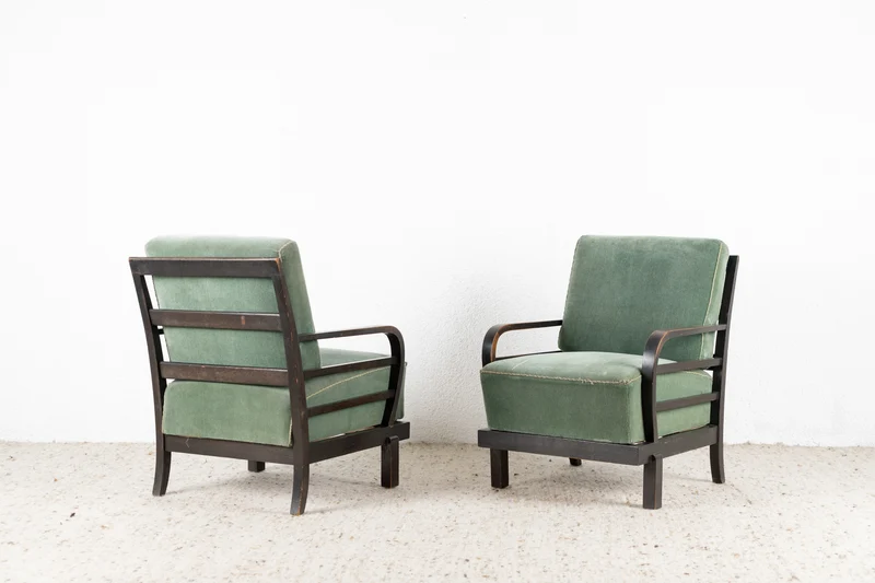 1 von 2 Vintage Sessel Holz Grün Samt Stuhl 60er Armchair