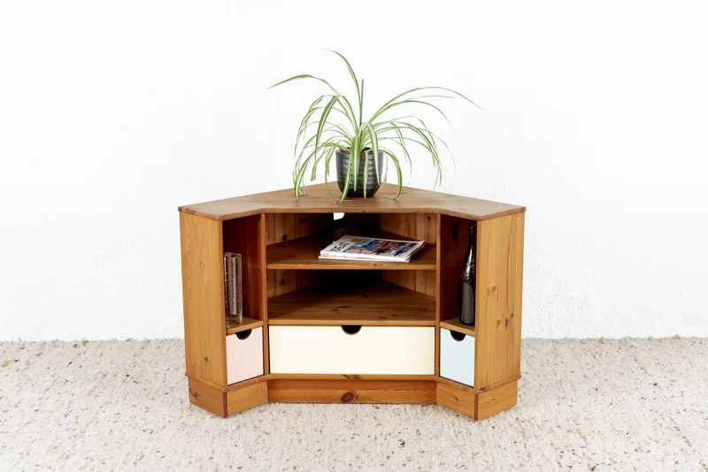 Vintage Eckschrank Echkkommode Regal Rollen Massivholz Tv