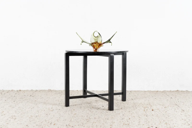 Vintage Beistelltisch Couchtisch Tisch Schwarz Rund Muster Retor Coffetable 60s