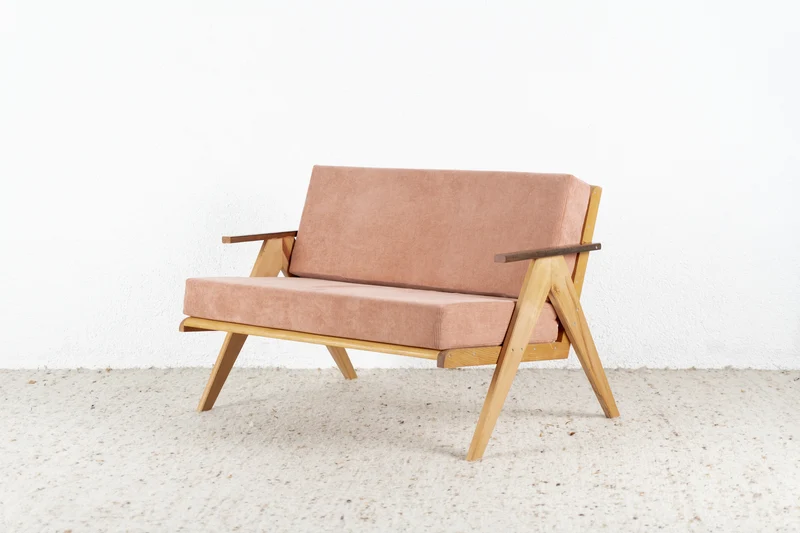 Vintage Sofa Sessel Couch R&F Design Vollholz Zweisitzer Altrosa Cord Skandi